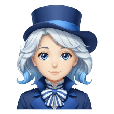 Beautiful gorgeous anime lady with white wavy hair with thin blue stripes, blue eyes, blue short top hat, smug grin, blue coat, blue cravat, white gloves sticker