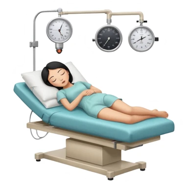 A female patient with black hair lying on an examination bed, head on a pillow and eyes closed, shown in a wide, full-body view in a clean colonoscopy procedure room. No medical staff visible. sticker