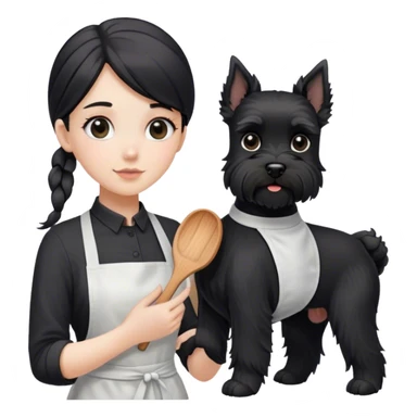 pale girl with long back hair wearing black long shirt wearing apron holding black  schnauzer sticker