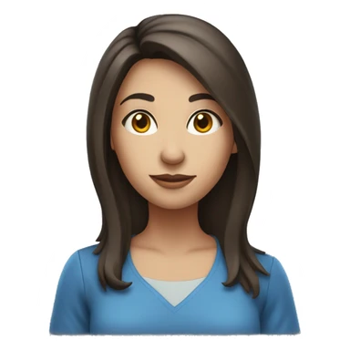 brunette woman shoulder-length hair standing wearing a blue shirt and holding a book sticker