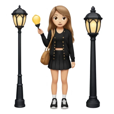 девушка с русыми длинными волосами,  в черной короткой юбке и вязаной черной кофте с дырками, в белых кедах рядом с фонарным столбом sticker