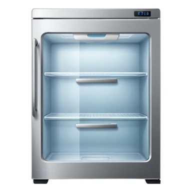 A refrigerator with a transparent front glass divided into three compartments, empty and unfilled. The refrigerator faces forward. It must be divided into three compartments and must have three drawers. sticker