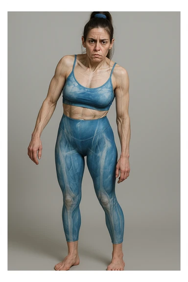 Donna in abbigliamento sportivo, postura asimmetrica, stile medico realistico, muscoli e ossa visibili, segni specifici di stress cronico: mascella serrata, spalle sollevate, rughe sulla fronte, occhiaie marcate, mani contratte, sfondo neutro, formato verticale. sticker