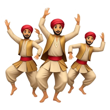 Cinematic Realistic Dabke Dance Emoji, depicted as an energetic traditional Lebanese folk dance with vibrant costumes and rhythmic movements, rendered with dynamic textures and festive natural lighting that captures its communal joy. sticker