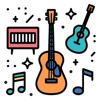 music icons with piano, guitar, and musical notes sticker