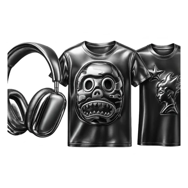 Transform the headphones, camo face t-shirt, and flame t-shirt into a highly reflective and shiny 3D chrome metallic style, keeping all preset colors and details intact, with no background. sticker
