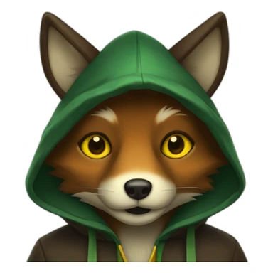 small dark brown fox with yellow eyes and a dark green hood sticker