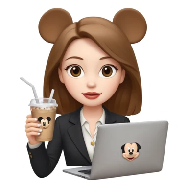 Women in front of laptop that has a Mickey sticker on it, with a happy face, face a little fuller, lips plump, full eyebrows, long light brown hair, light brown big eyes, light pale skin with a iced coffee on the side, business attire sticker