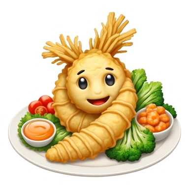 Tempura Cinematic Realistic Tempura Dish Emoji, depicted as extra crispy, lightly battered seafood and vegetables, rendered with vivid textures and dynamic, bright lighting. sticker