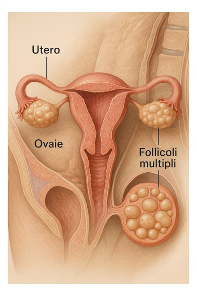 realistic 3D medical image of PCOS in anatomical section, ovaries with many follicles, uterus and ovaries highlighted, clinical details, natural colors, Italian captions, aspect ratio 2:3 sticker