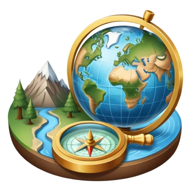 An icon featuring a globe, a compass, and a topographic map, symbolizing geography. The design includes mountain ranges, rivers, and a magnifying glass, representing the study of Earth's landscapes, features, and spatial relationships. Transparent background highlights geographic exploration. sticker