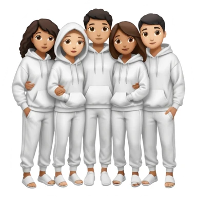 four mixed race friends all wearing white oversized hoodies, white sweatpants, and white slides huddled together hugging sticker