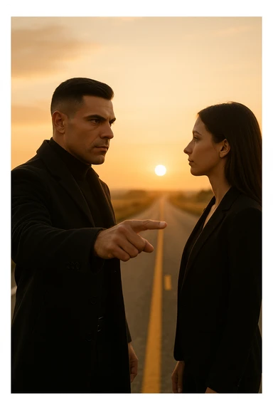Cinematic photo of a confident man giving clear direction to a woman, standing in front of her with a firm but calm expression, pointing forward as if showing her the path to follow. The man is dressed in a dark jacket, embodying the role of a commander, while the woman looks at him attentively, ready to follow. The setting is an open road at sunrise with soft golden light, symbolizing new beginnings and leadership. Shot from a side angle, capturing both profiles with a clear view of his guiding gesture. sticker