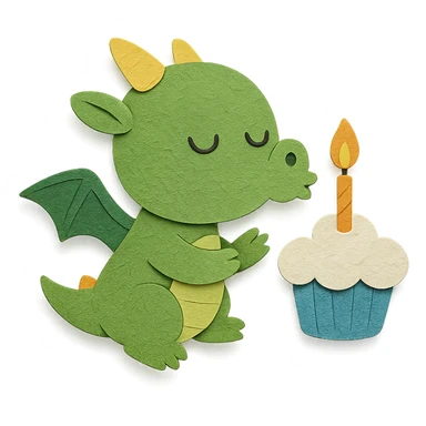 dragon with 1 line smiley eyes, blowing out candles on a cloud cupcake, in a 'making a wish' pose sticker