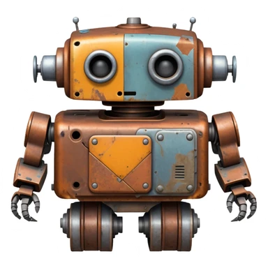 Rusted scavenger robot with patchwork body plates sticker