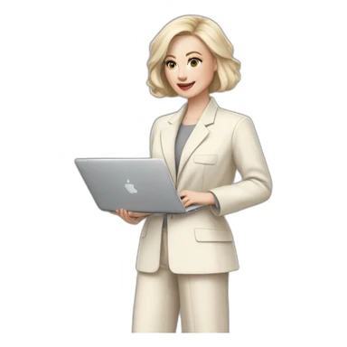 pale skin woman with ash blonde Straightened bob Hair, White Spacious classical jacket, beige palazzo Arrow pants and gray blouse holding a MacBook in the hands sticker