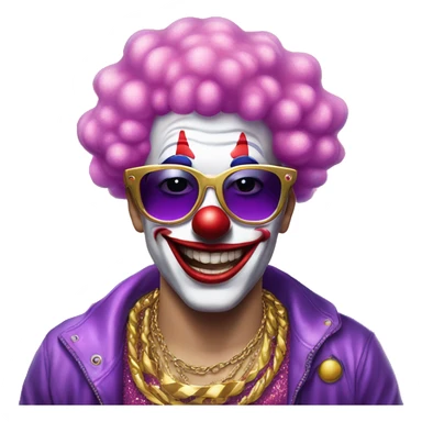 Clowning wearing pink sunglasses, glitter shirt, clown has pink and purple hair, gold chain,  sticker