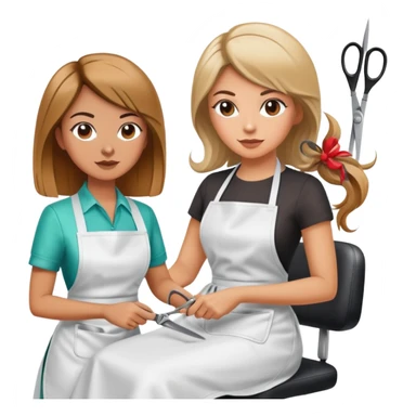woman in apron sitting in salon chair, female hairstylist behind her with scissors sticker