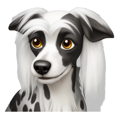 Chinese Crested Dog with white fur and black spots on white skin. Luscious head fur, furnishings on the legs and full fur tail sticker