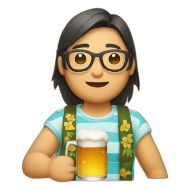 Japanese wearing roundglasses alohashirt is holding beer sticker
