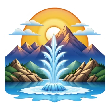 Please generate an image of a sunrise illuminating a lake with a huge water jet pointing only in one direction (upward and then down on one side) like that in the Geneva lake and some mountains in the background. sticker