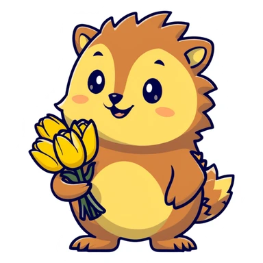 adorable hedgehog with a bouquet of yellow tulips sticker
