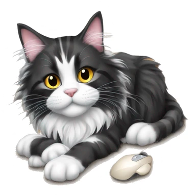 A black and white Maine Coon cat stands on the floor with his paws and holds a mouse in his hands sticker