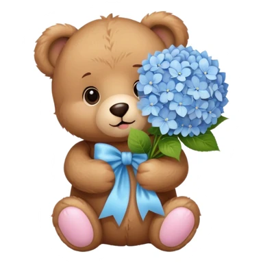 light brown teddy bear super cute holding a light pink and light blue bouquet of hydrangeas sticker