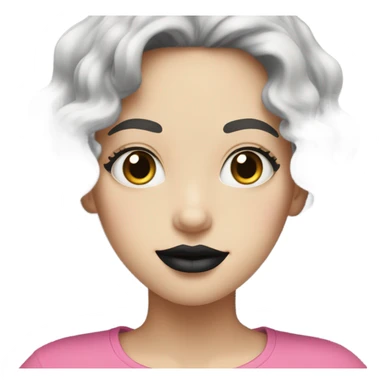 pale girl has black curly hair with black lipstick and pink t-shirt sticker
