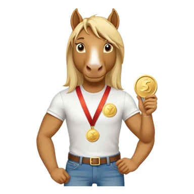 friendly anthropomorphised stallion in jeans and a t-shirt, holding a gold medal sticker