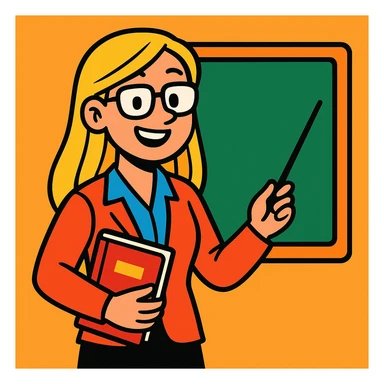 profesora de pelo liso rubio y piel clara, estilo cartoon vibrante sticker