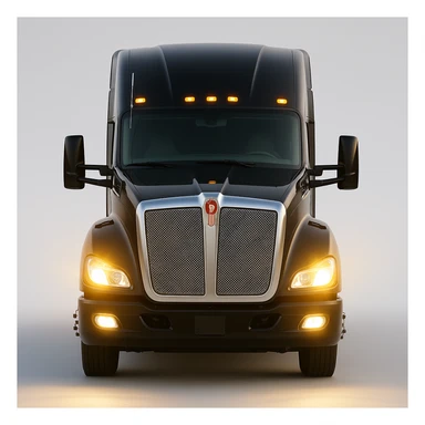 Realistic style close-up front view of a 2025 Kenworth T680 truck in black color with headlights on, detailed and lifelike. sticker