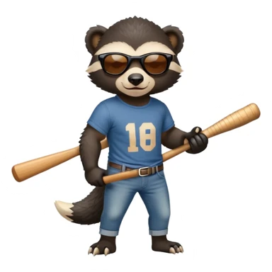 mischievous anthropomorphised honey badger in jeans and a t-shirt, wearing sunglasses, holding a baseball bat over shoulder sticker