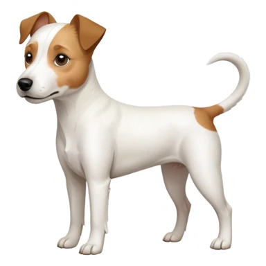 a full body white parson russell looking dog the size of a kelpie with light brown ears and a light brown patch on one eye and a large snout sticker