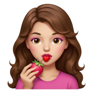 girl with long wavy brown hair, brown eyes, light to medium complexion, in a pink shirt, pink lips, long lashes, sexy , puckering lips kissing, blushing, eating a strawberry sexy sticker