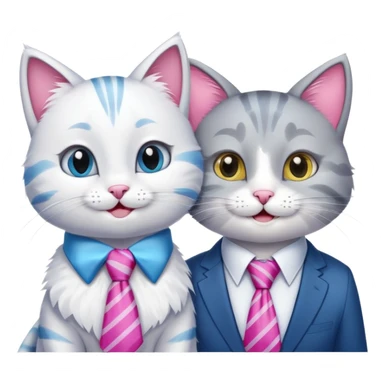 happy girl cat with bow and eyelashes wearing a bright necktie next to happy boy cat wearing a striped necktie, both cats smiling together sticker
