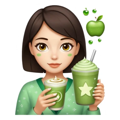 square framed profile picture of a girl with short dark brown hair and brown eyes, holding a matcha latte, with sparkles, skincare, and makeup elements, apple emoji style sticker
