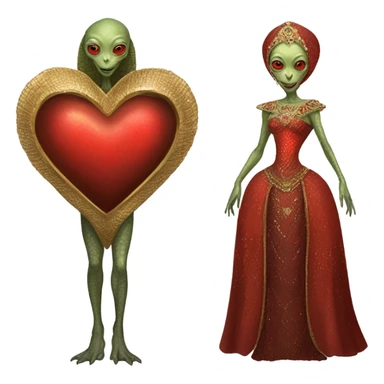 a Reptilian alien woman full body in Romanov dress, holding big red heart sticker