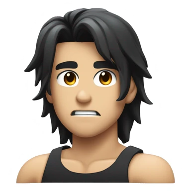 Create an emoji of a muscular anime character in profile view, with a serious expression, black hair, wearing a tight black t-shirt, and showcasing defined muscles. The background should be a simple light grey circle. sticker
