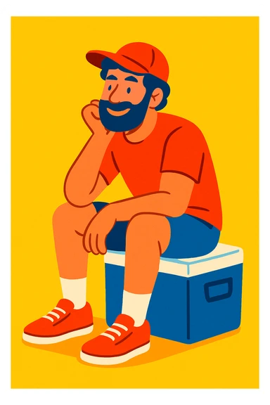 a man sitting on a cooler, relaxed pose, vibrant colors sticker