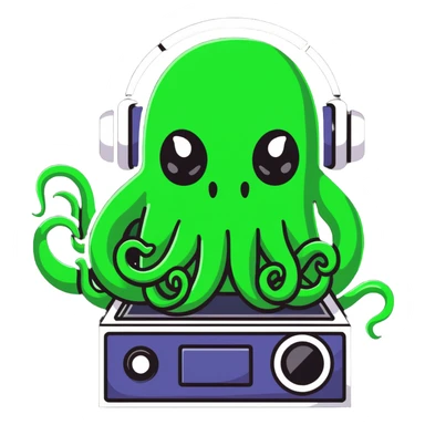 Lovecraftian Cthulhu monster with tentacle face operating audio equipment sticker