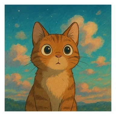 a curious cat with big eyes and a dreamy background in Ghibli style sticker