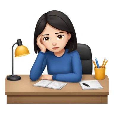  iOS emoji style - An sad and overwhelmed woman sitting at a desk. She has dark hair. sticker