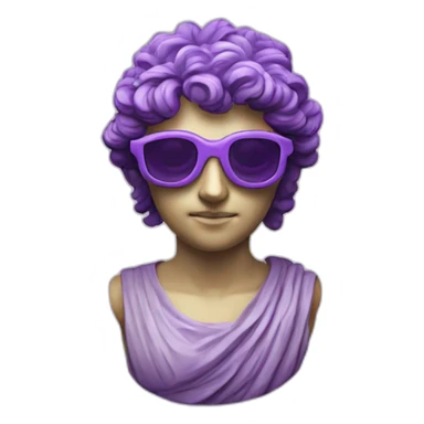 an EMOJI OF A ancient young greek statue, wearing VR glasses, purple colors, DIGITAL UNIVERSE sticker