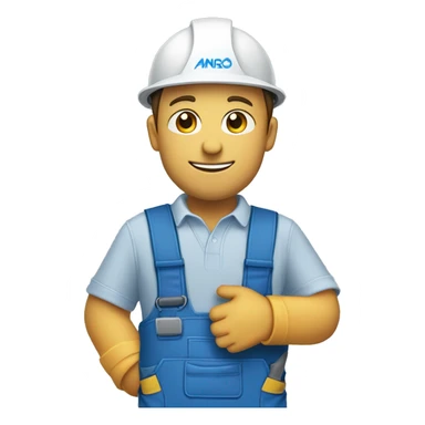 a construction man folding a machine with blue working clothes and with a blue and white logo with the name angro sticker