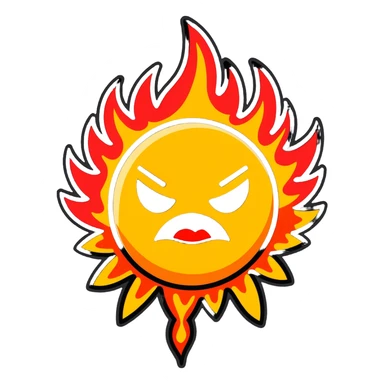 "A highly expressive emoji-style face with wide, bloodshot eyes and an open mouth, breathing a large burst of fire. The emoji has an exaggerated, cartoonish look with bright yellow and orange tones. The fire is detailed with red, orange, and yellow flames, creating a dramatic effect. sticker