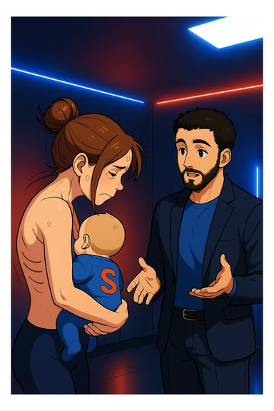 ispirati a questo stile di disegno e fai questa immagine in versione manga/webtoon a colori, il manga mostra la donna preoccupata di profilo con la postura sbagliata e incurvata, spalle chiuse e curve in avanti, con un neonato in braccio con una tutina azzurra e la scritta "S" sulla schiena, spina dorsale storta della donna in evidenza mentre ascolta l'uomo mentre l'uomo gli sta spiegando una cosa, ma non fare i fumetti, fai come se stessero parlando sticker