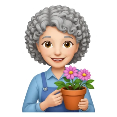 Older female florist – curly hair, hold flower pot sticker