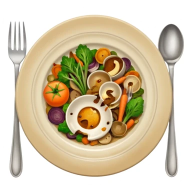 dirty plate from food scraps and vegetable leftovers, small fork and spoon resting on the plate sticker