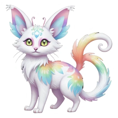 Pure-snow-White albino iridescent with pastel rainbow-gradients-color-markings with swirly patterns butterflies  faerie-Noivern-Noibat-Purloin-Torracat-Lykoi-Caracal-cat-Fakemon-fusion-hybrid-creature sticker
